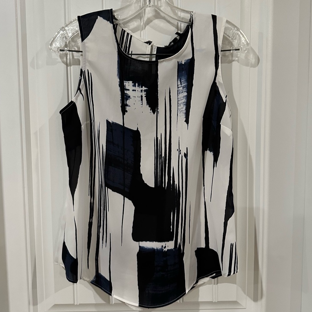 DKNY Abstract Print Black Blue and White Sleeveless Blouse Women’s XS Loose Fit